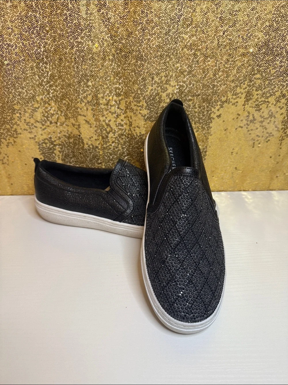 Skechers Women's Goldie-Diamond Darling Black Slip-On Sneakers with rhinestones